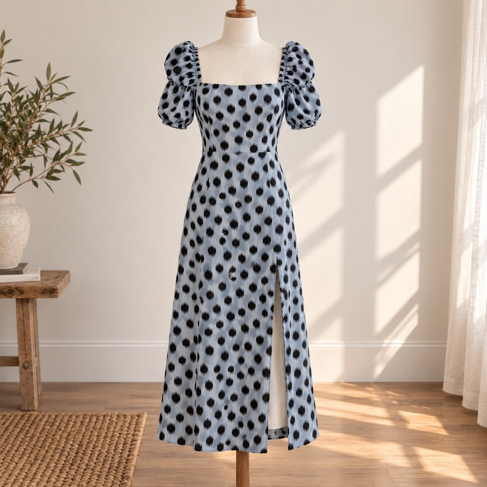 & Other Stories NWT Milkmaid Midi Dress 4 Puff Sleeve Ikat Dot Cottagecore Slit